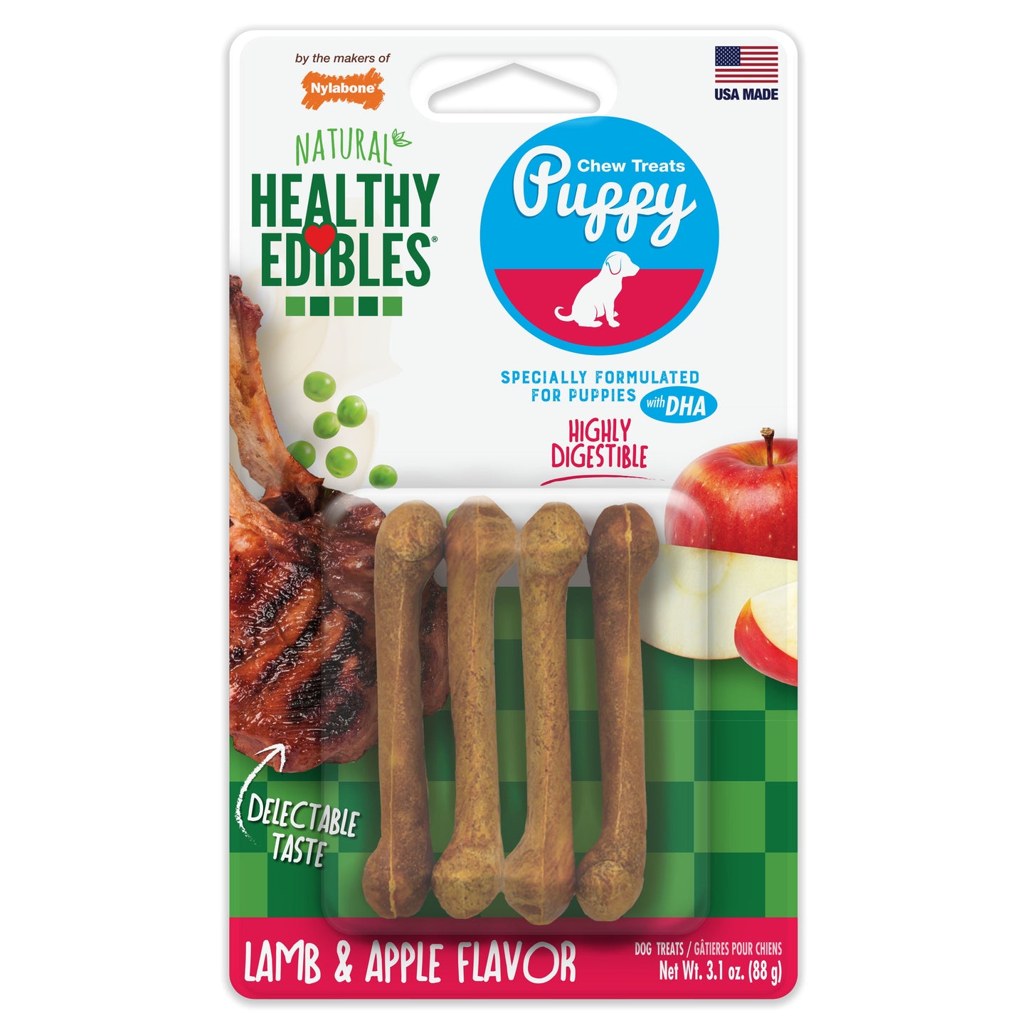 Nylabone Healthy Edibles AllNatural Long Lasting Puppy Chew Treats Lamb  Apple, 1ea/XS/Petite  Up To 15 Lbs. 4 ct