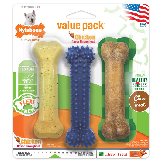Nylabone Healthy Edibles and Flexi Chew Value Pack Chicken  Bacon, 1ea/SMall/Regular  Up To 25 Ibs. 3 ct