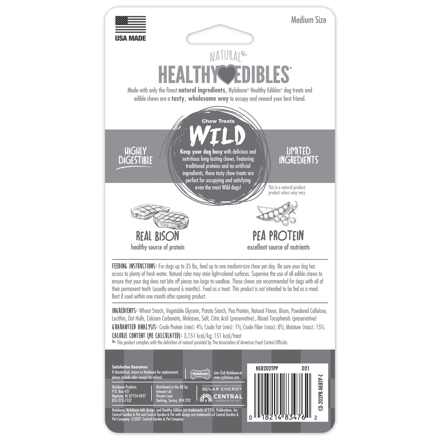 Nylabone Healthy Edibles WILD AllNatural Long Lasting Chew Treats Bison, 1ea/Medium/Wolf  Up To 35 Lbs. 2 ct