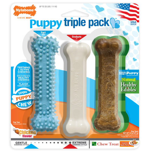 Nylabone Puppy Chew Variety Toy  Treat Triple Pack 3 count, 1ea/SMall/Regular  Up To 25 Ibs.