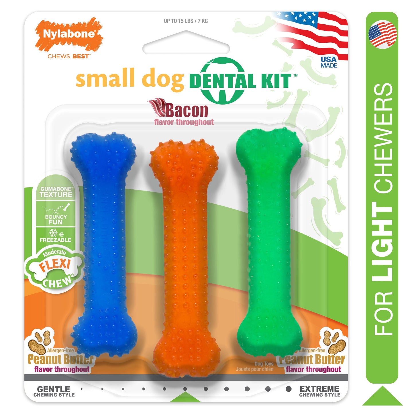 Nylabone FlexiChew Dog Dental Pack Peanut Butter  Bacon, 1ea/XS/Petite  Up To 15 Lbs. 3 ct