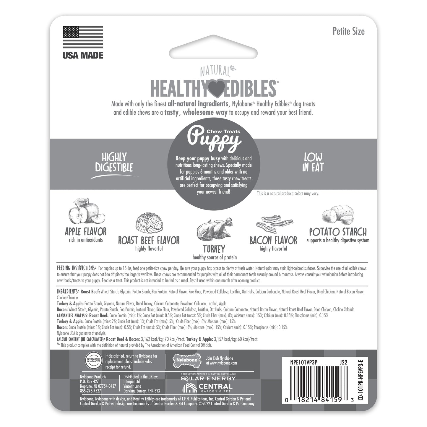 Nylabone Healthy Edibles AllNatural Long Lasting Puppy Chew Treats Roast Beef, Turkey, Apple, Bacon, 1ea/XS/Petite  Up To 15 Lbs. 3 ct