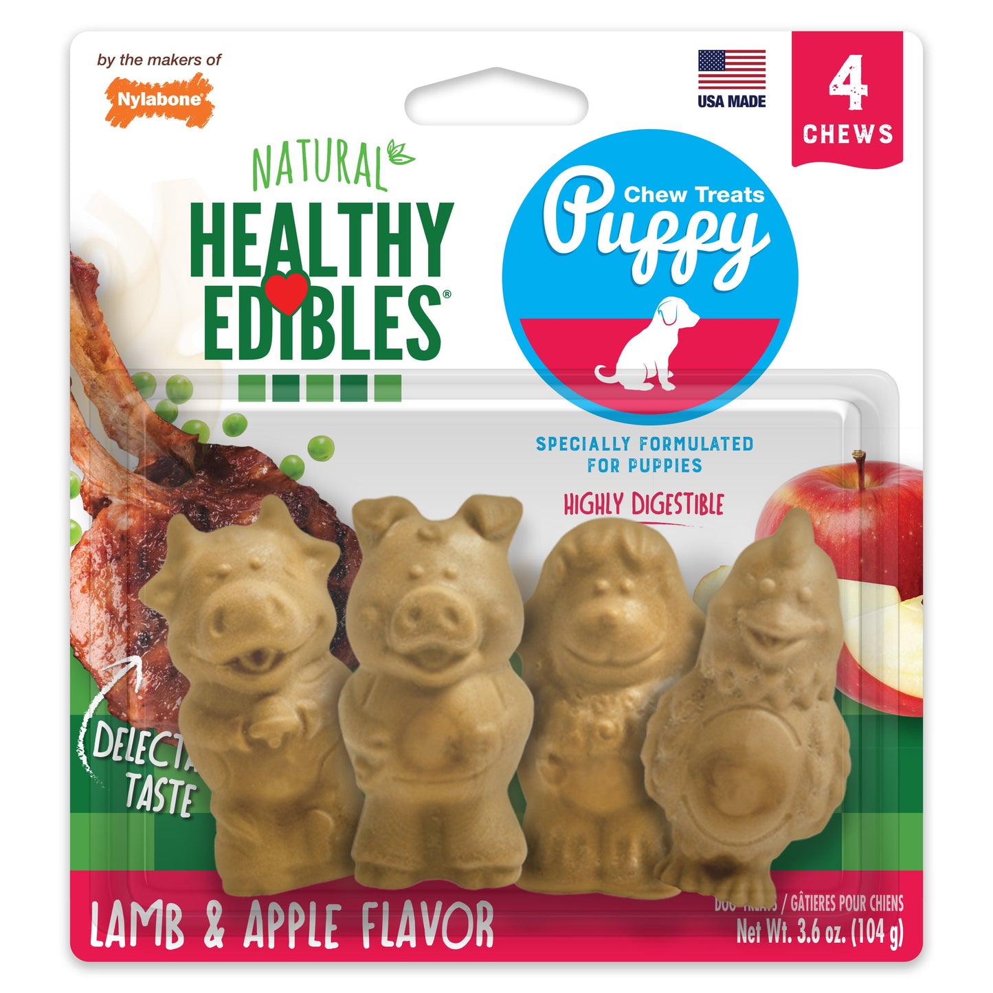 Nylabone Healthy Edibles AllNatural Long Lasting Puppy Chew Treats Lamb  Apple, 1ea/SMall/Regular  Up To 25 Ibs. 4 ct