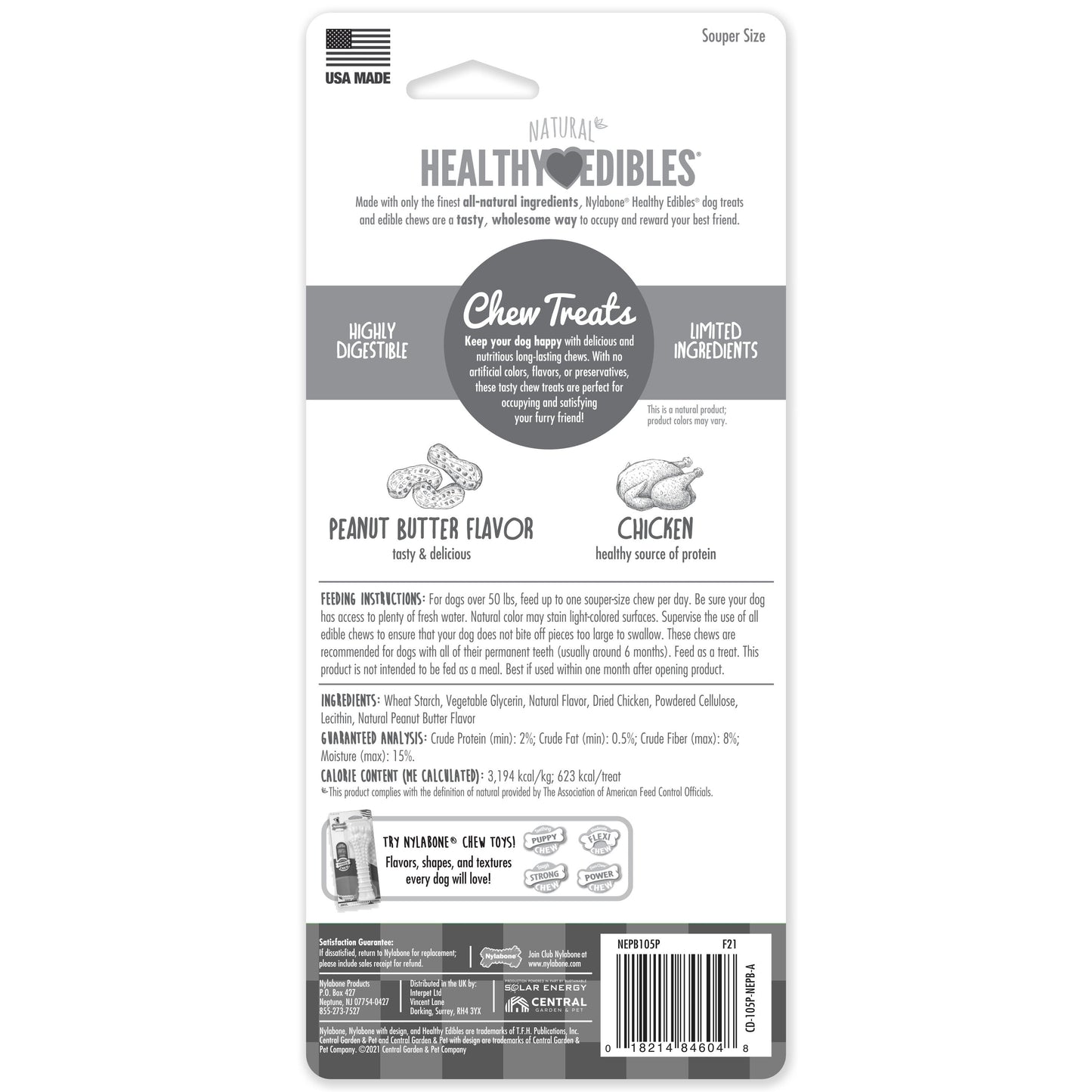 Nylabone Healthy Edibles AllNatural Long Lasting Chew Treats 1 Count, Peanut Butter, 1ea/XL/Souper  50 Lbs. 1 ct