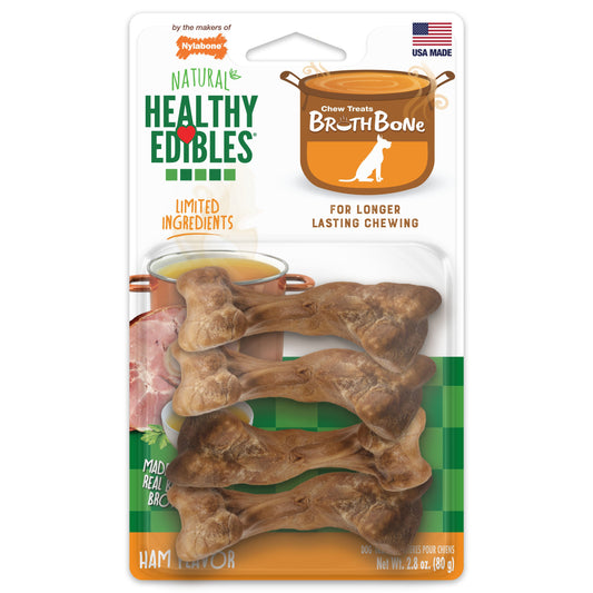 Nylabone Healthy Edibles Broth Bone AllNatural Long Lasting Chew Treats Ham, 1ea/SMall/Regular  Up To 25 Ibs. 4 ct