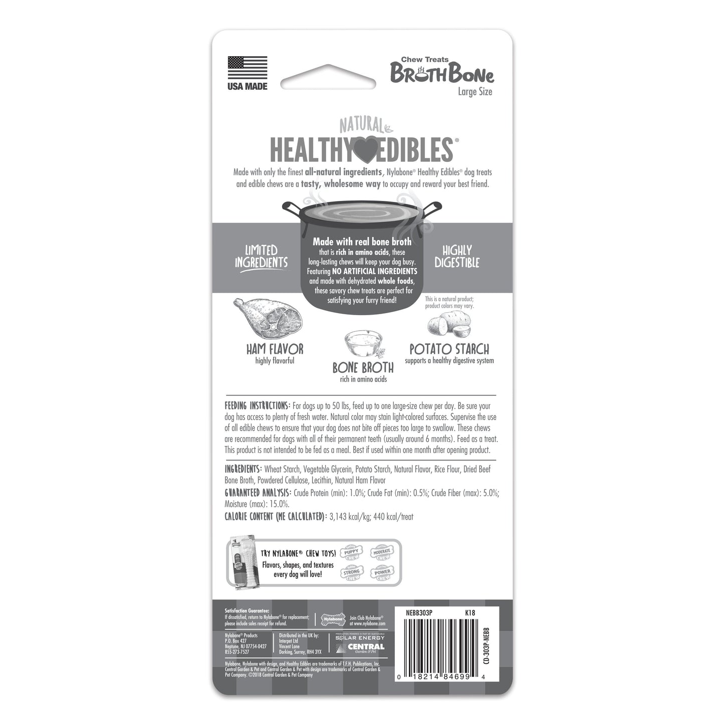 Nylabone Healthy Edibles Broth Bone AllNatural Long Lasting Chew Treats 1 Count, 1ea/Giant  Up To 50 lb