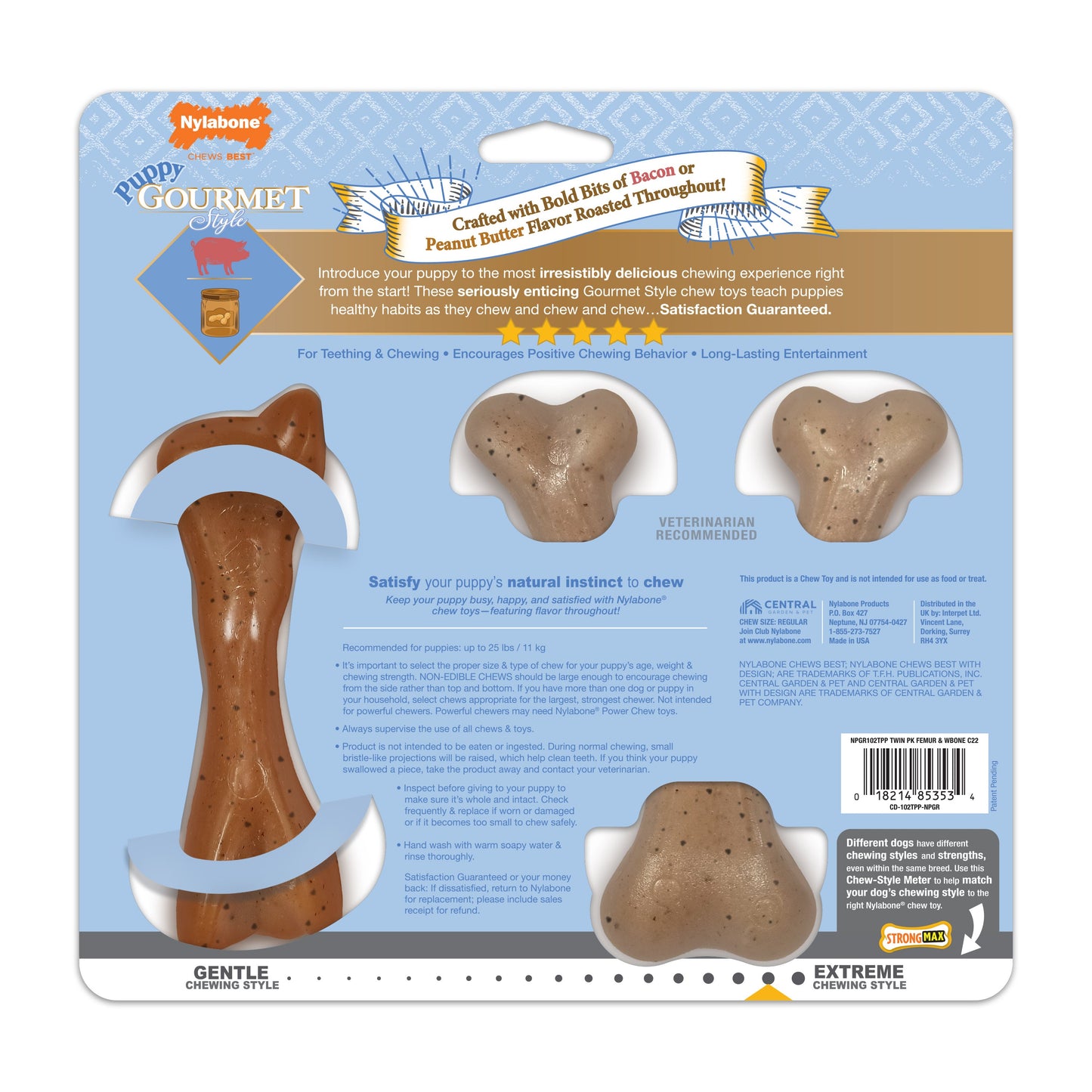 Nylabone Gourmet Style Puppy Chew Toy Twin Pack Peanut Butter  Bacon, 1ea/SMall/Regular  Up To 25 Ibs. 2 ct