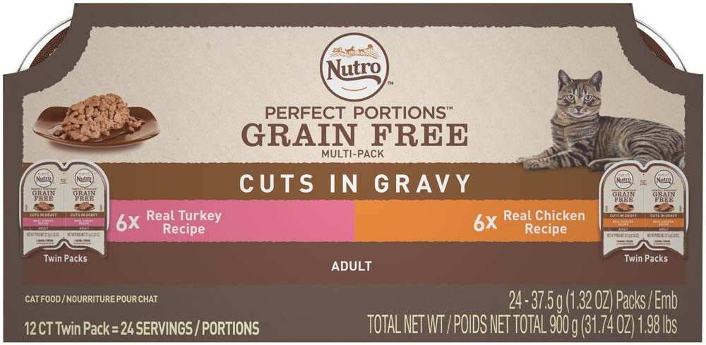 Nutro Perfect Portions Cuts In Gravy Variety Pack Real Turkey and Chicken Wet Cat Food Trays 2.65oz. (12 Twin Packs)