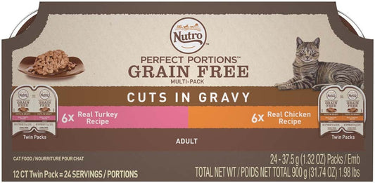 Nutro Perfect Portions Cuts In Gravy Variety Pack Real Turkey and Chicken Wet Cat Food Trays 2.65oz. (12 Twin Packs)