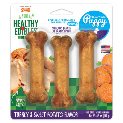 Nylabone Healthy Edibles AllNatural Long Lasting Puppy Chew Treats Turkey  Sweet Potato, 1ea/SMall/Regular  Up To 25 Ibs. 3 ct