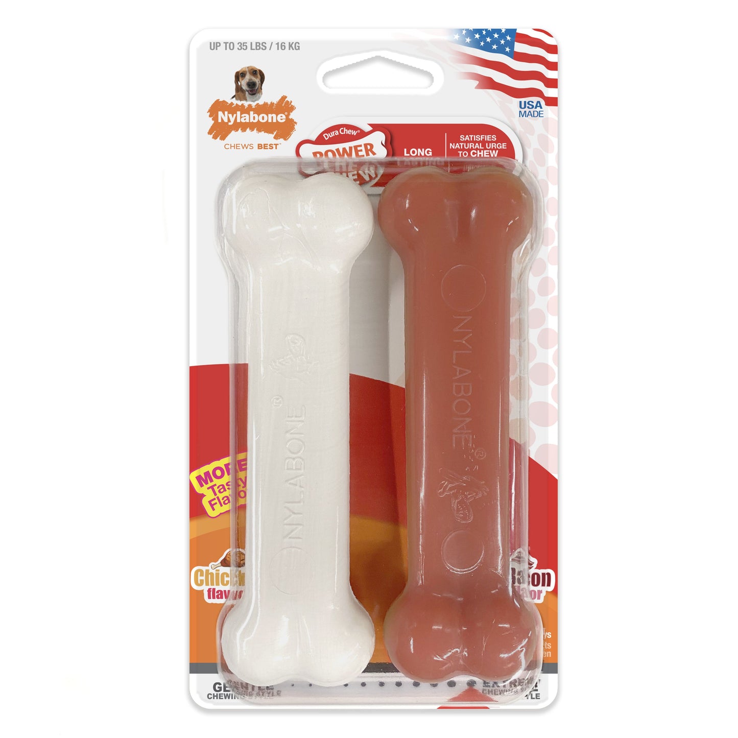 Nylabone Power Chew Bacon  Chicken Durable Dog Chew Toy Pack Bacon  Chicken, 1ea/Medium/Wolf  Up To 35 Lbs. 2 ct