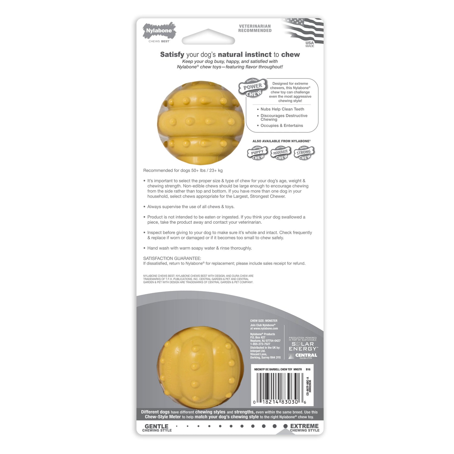 Nylabone Barbell Power Chew Durable Dog Toy Peanut Butter, 1ea/XXL/Monster  50 Lbs. 1 ct