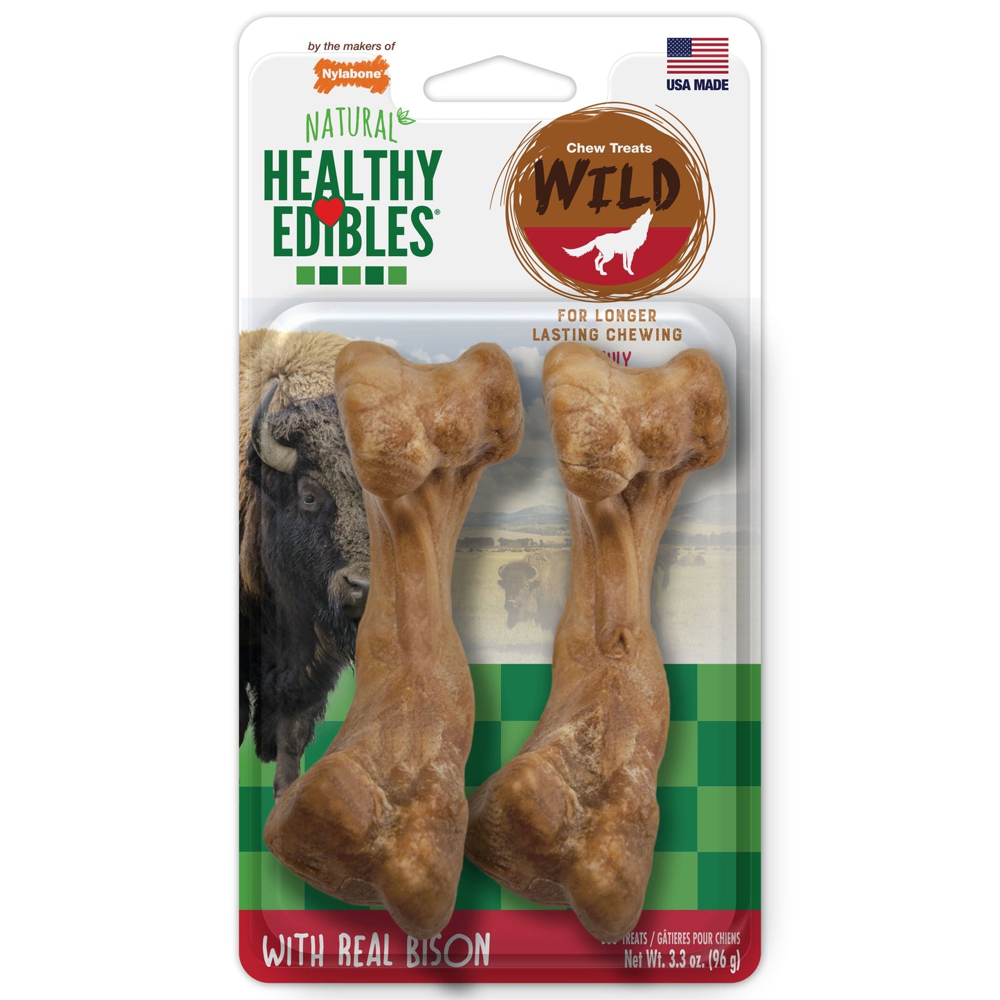 Nylabone Healthy Edibles WILD AllNatural Long Lasting Chew Treats Bison, 1ea/Medium/Wolf  Up To 35 Lbs. 2 ct