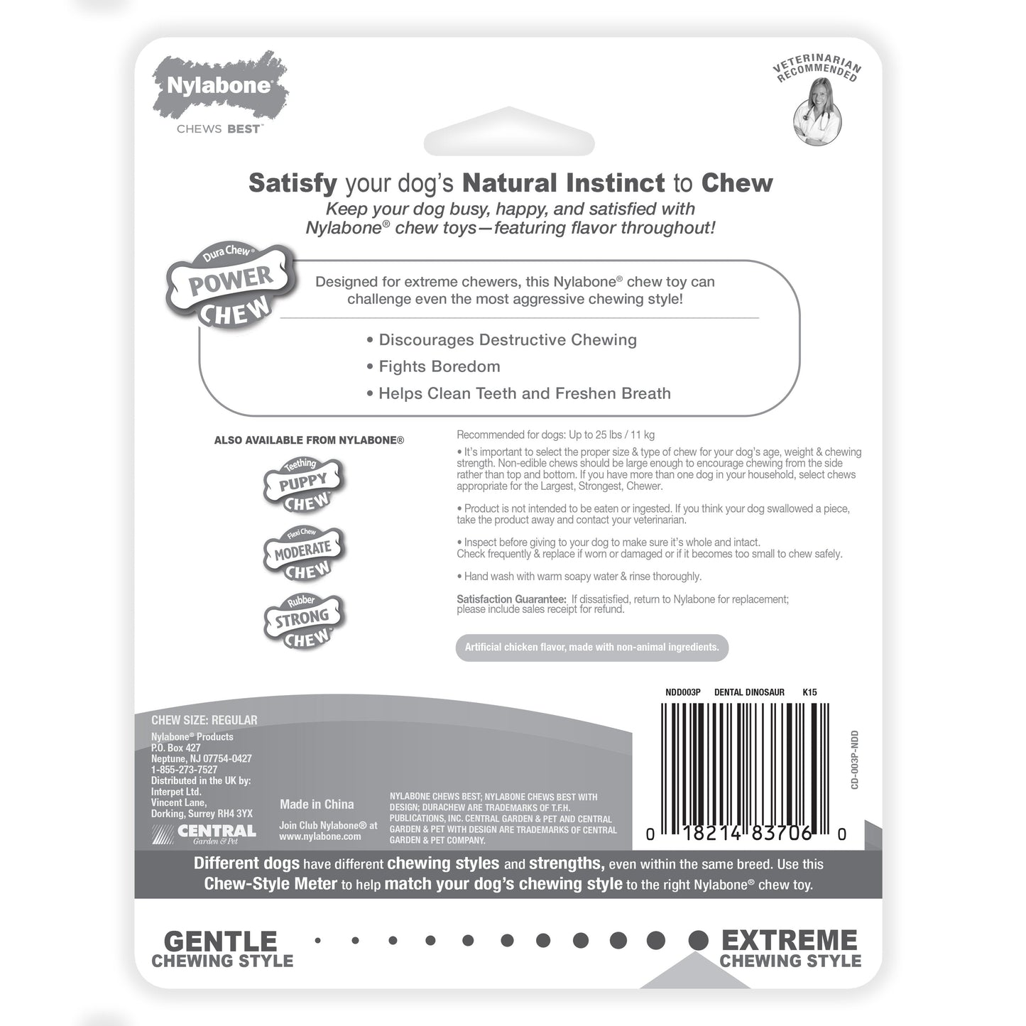 Nylabone Power Chew Dental Dinosaur Dog Toy Chicken, White, 1ea/SMall/Regular  Up To 25 Ibs. 1 ct
