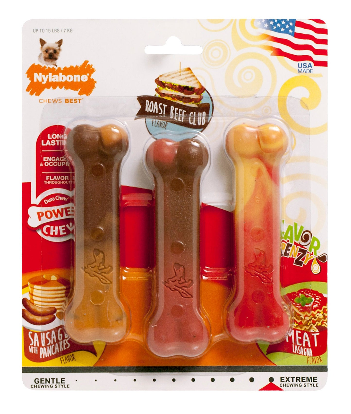 Nylabone Flavor Frenzy Power Chew Triple Pack Pancakes  Sausage, Roast Beef Club,  Lasagna, 1ea/XS/Petite  Up To 15 Lbs. 3 ct