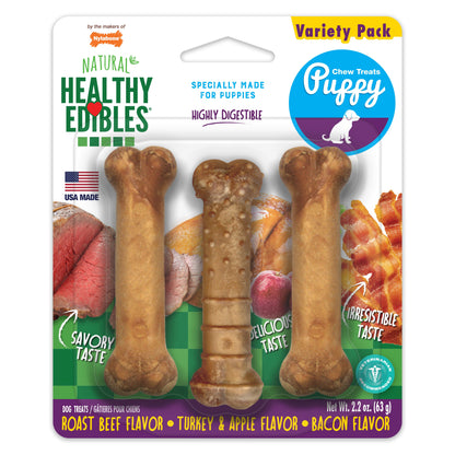 Nylabone Healthy Edibles AllNatural Long Lasting Puppy Chew Treats Roast Beef, Turkey, Apple, Bacon, 1ea/XS/Petite  Up To 15 Lbs. 3 ct