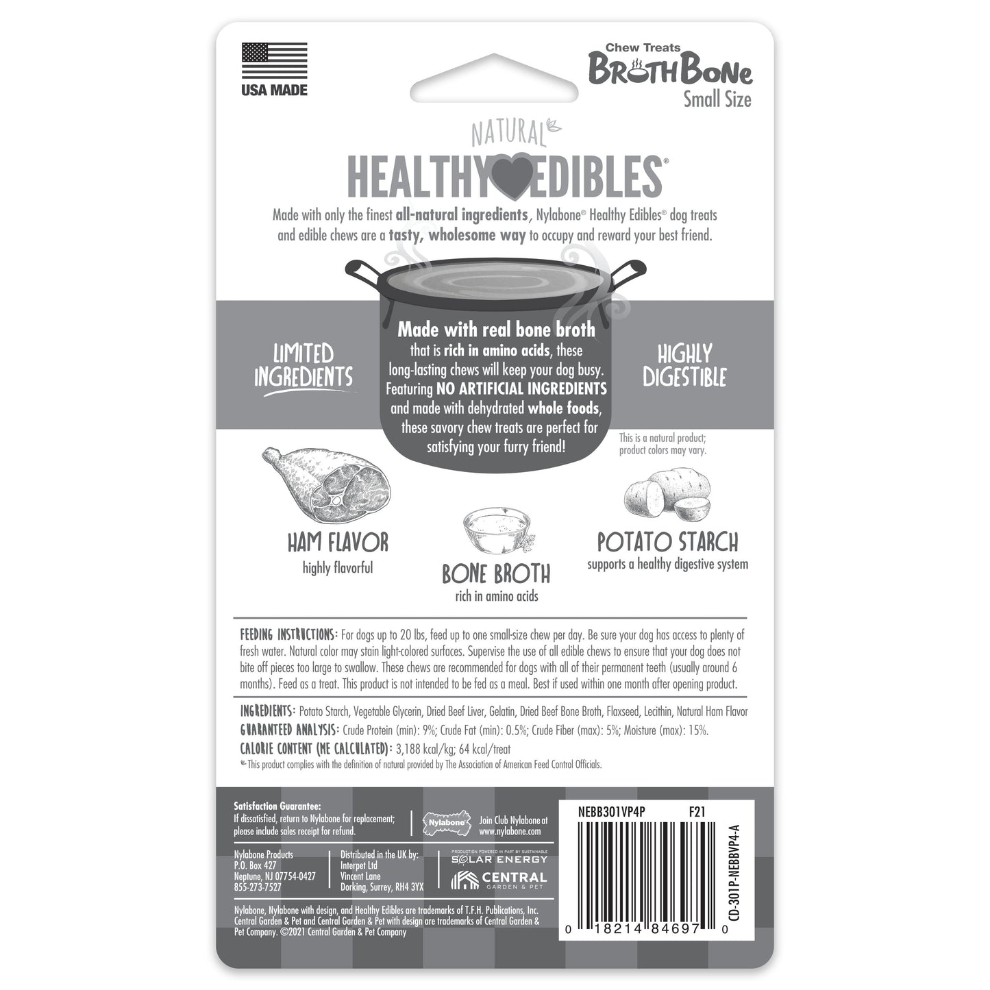 Nylabone Healthy Edibles Broth Bone AllNatural Long Lasting Chew Treats Ham, 1ea/SMall/Regular  Up To 25 Ibs. 4 ct