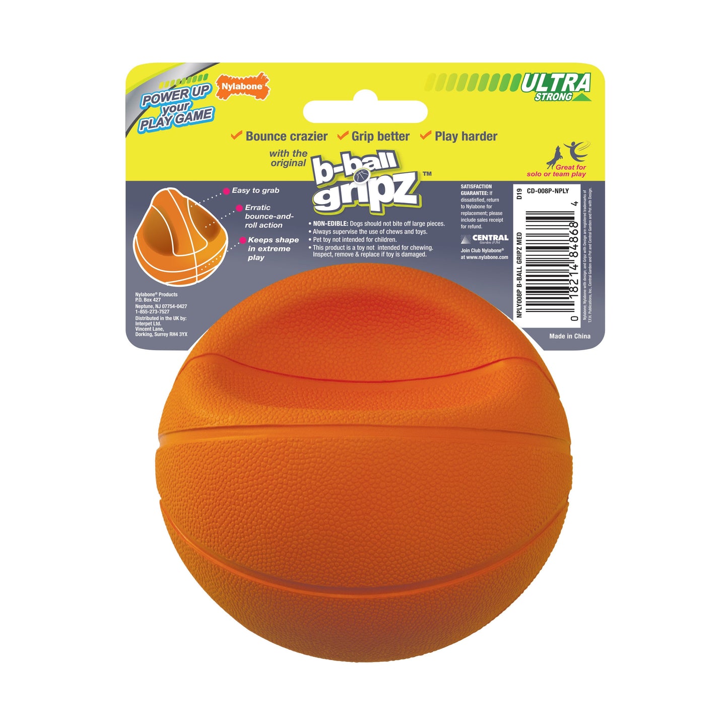 Nylabone Power Play Dog Basketball BBall Gripz 1ea/Medium/Wolf  Up To 35 Lbs. 4.5 in 1 ct