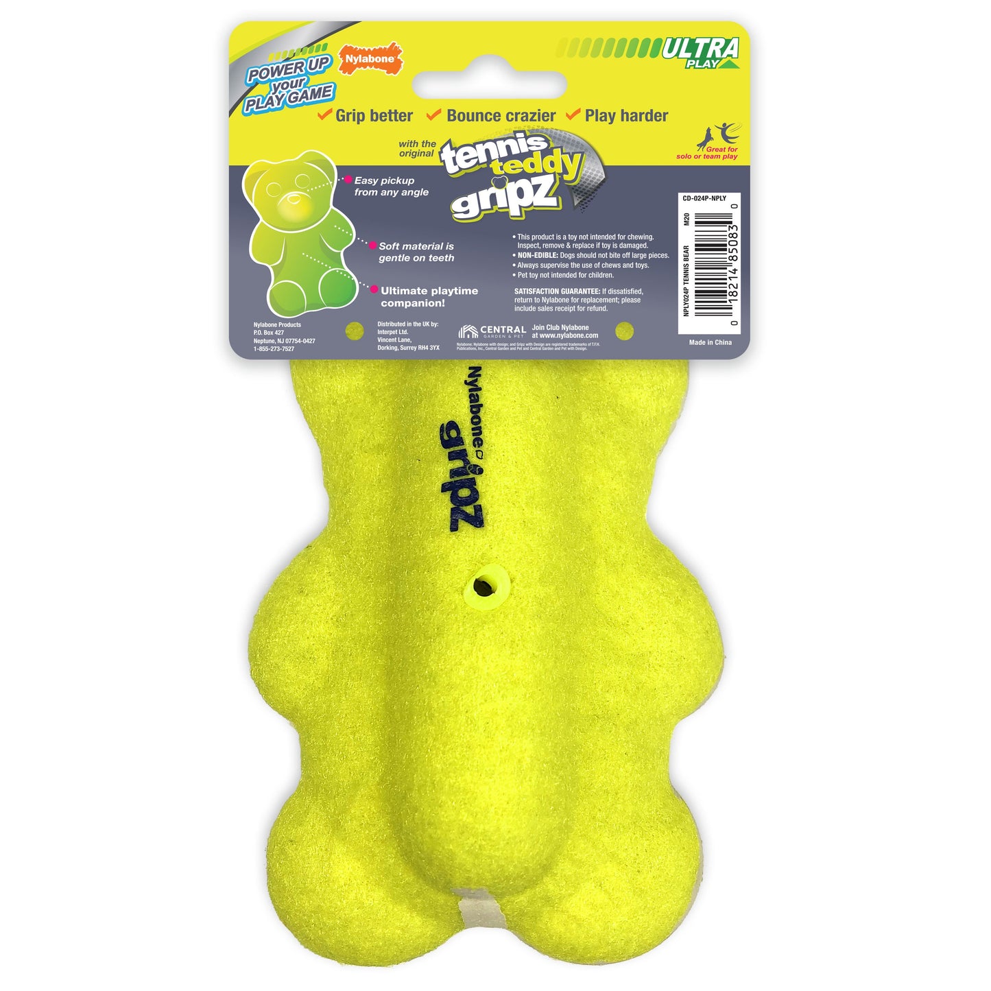 Nylabone Power Play Tennis Teddy Gripz Bear Dog Toy 1ea/Medium/Wolf  Up To 35 Lbs. 1 ct