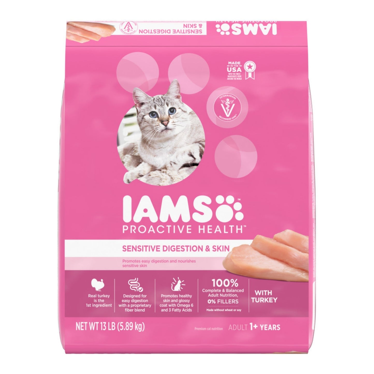 IAMS Proactive Health Sensitive Digestion & Skin Adult Dry Cat Food Turkey 13lb
