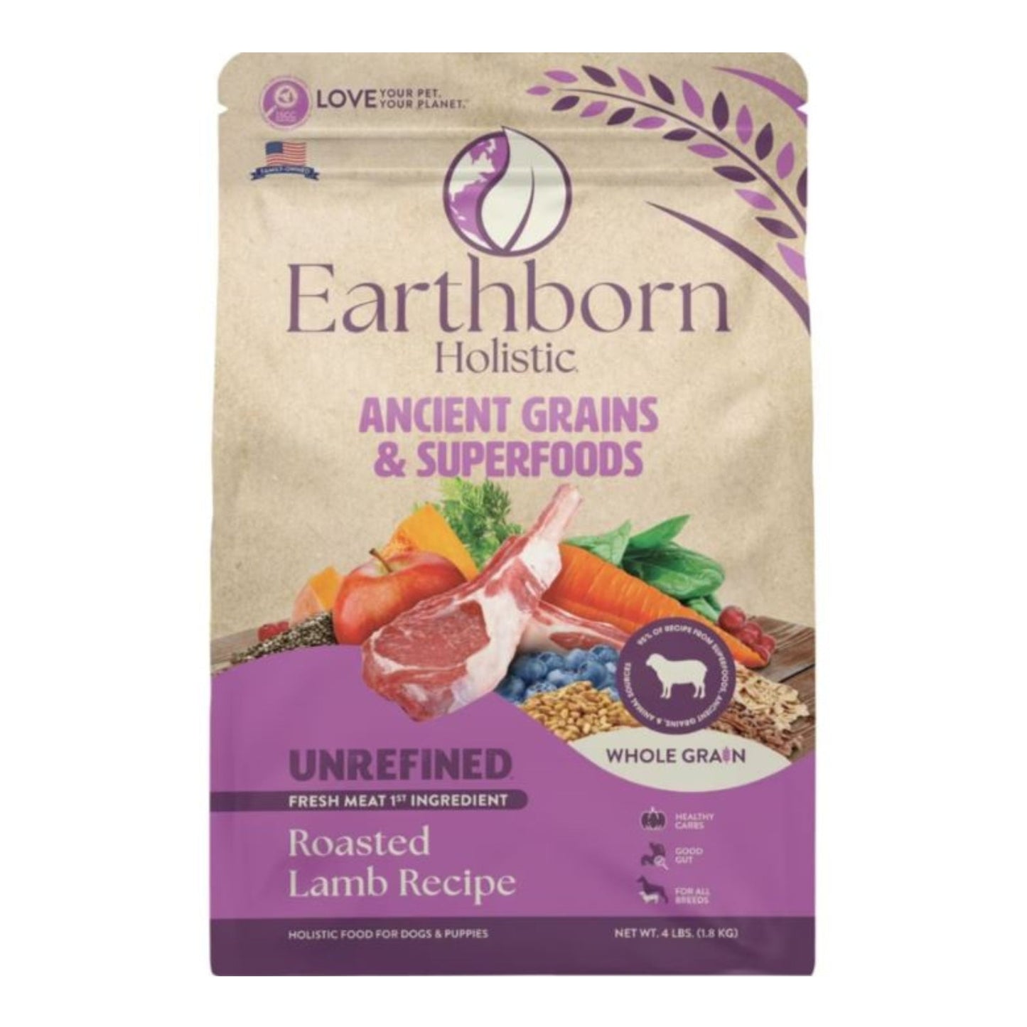Earthborn Holistic Unrefined Ancient Grains & Superfoods Dry Dog Food Roasted Lamb 4lb